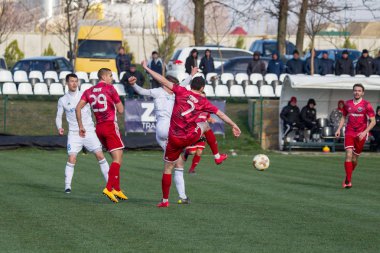 Odessa, Ukrayna-Mart 27, 2019: FC Balkanların First League maçı (Odessa)-FC Miner. Ukrayna 'nın ilk futbol ligi bölgesel ekipler oyunun gergin anları