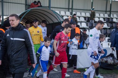 Odessa, Ukrayna-Mart 27, 2019: FC Balkanların First League maçı (Odessa)-FC Miner. Ukrayna 'nın ilk futbol ligi bölgesel ekipler oyunun gergin anları