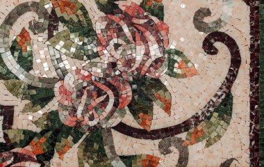 Bir güzel Mermer Mozaik panel detay. İç Mermer Mozaik. Mermer dekoratif arka plan olarak Venedik mozaik parçası... Seçici odak