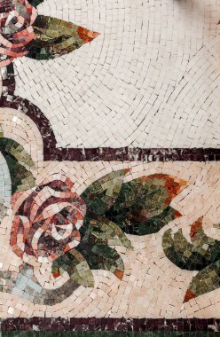 Bir güzel Mermer Mozaik panel detay. İç Mermer Mozaik. Mermer dekoratif arka plan olarak Venedik mozaik parçası... Seçici odak