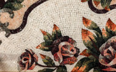 Bir güzel Mermer Mozaik panel detay. İç Mermer Mozaik. Mermer dekoratif arka plan olarak Venedik mozaik parçası... Seçici odak