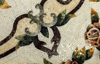 Bir güzel Mermer Mozaik panel detay. İç Mermer Mozaik. Mermer dekoratif arka plan olarak Venedik mozaik parçası... Seçici odak