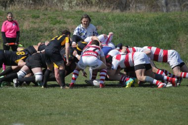 Odessa, Ukrayna - 6 Nisan 2019: Milli takım amentü (Odessa)-Olimpiyat (Kharkov) Rugby Şampiyonası. Gergin mücadele oyuncu topu için rugby testi sırasında. Stadyum yeşil alan üzerinde dinamik oyun