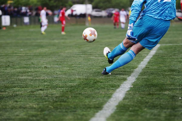 オデッサ ウクライナ Cirka 2019 緑の草原でサッカーの目標 試合中にボールにサッカー選手を蹴る サッカーをテーマにしたイラスト編集 — ストック写真