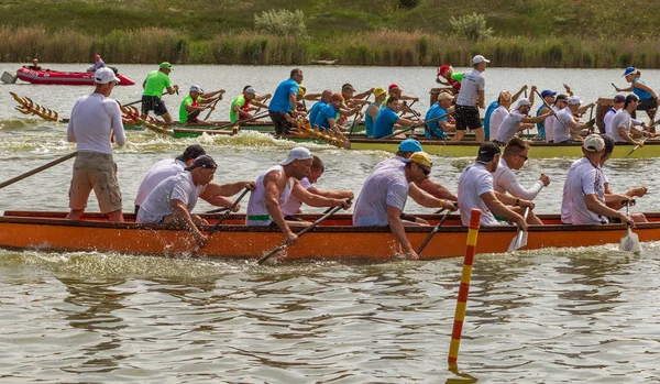 Odessa, Ukrayna - 2 Haziran 2019: Dragon Boat Festivali sırasında Dragon Boat Racing, Dragboat Racing popüler geleneksel Çin su sporudur. Nehirdeki dragboat. Yaz yarışında kürek kürek kürek insanlar kürek