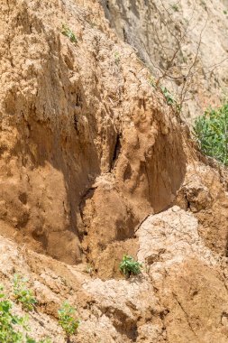 Karadeniz kıyısındaki heyelan bölgesi. Deniz taşı kabuğu. Yağmur mevsiminde doğal afetler bölgesi. Büyük toprak kütleleri tepenin yamacında kayıp evleri yok ediyor. Heyelan - yaşam tehdidi