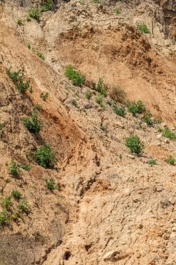 Karadeniz kıyısındaki heyelan bölgesi. Deniz taşı kabuğu. Yağmur mevsiminde doğal afetler bölgesi. Büyük toprak kütleleri tepenin yamacında kayıp evleri yok ediyor. Heyelan - yaşam tehdidi