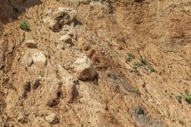 Karadeniz kıyısındaki heyelan bölgesi. Deniz taşı kabuğu. Yağmur mevsiminde doğal afetler bölgesi. Büyük toprak kütleleri tepenin yamacında kayıp evleri yok ediyor. Heyelan - yaşam tehdidi
