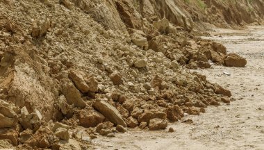 Landslide zone on Black Sea coast. Rock of sea rock shell. Zone of natural disasters during rainy season. Large masses of earth slip along slope of hill, destroy houses. Landslide - threat to life clipart