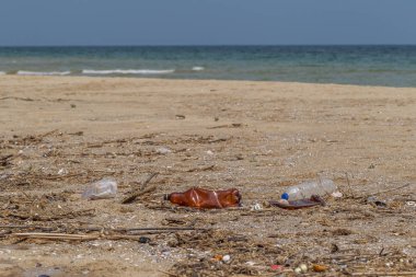 Kavramsal: felaket, çevresel sorun-plastik çöp. Büyük şehrin plajına çöp dökülmüş. Boş kullanılmış kirli plastik şişeler. Karanlık deniz, Karadeniz 'in kumlu kıyısı. Çevre kirliliği