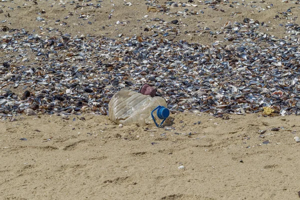 Kavramsal Felaket Çevresel Sorun Plastik Çöp Büyük Şehrin Plajına Çöp — Stok fotoğraf