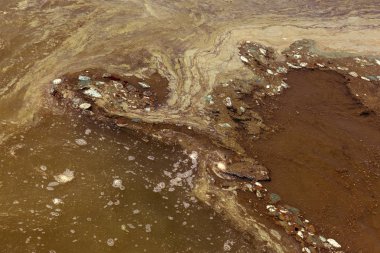 Eski kirli yosunlarla kirli dalga. Limanda kirli yosun deniz sörfü hatları. Kirli deniz, çevre kirliliği sorunu. Deniz dalgasındaki yosunlar. Zehirli çürüyen yosunlar. Ekolojik katasrofi