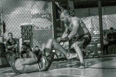 Odessa, Ukrayna-Haziran 30, 2019: Mma boksörler Fighters sekizgenkafes halka kuralları olmadan mücadele ediyor. Mma dövüşçüleri şampiyonada ringde. Metal kafes ten kuralsız boks kavgaları bak