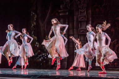 Odessa, Ukrayna - 17 Temmuz 2019: Bale. Odessa Opera Tiyatrosu sahnesinde klasik bale. Sahnede bale dansçıları klasik parçalar, dünya klasik dans şarkıları