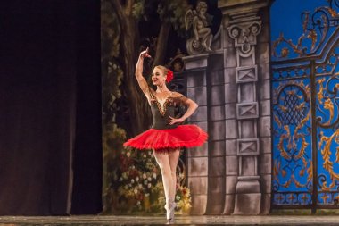 Odessa, Ukrayna - 17 Temmuz 2019: Bale. Odessa Opera Tiyatrosu sahnesinde klasik bale. Sahnede bale dansçıları klasik parçalar, dünya klasik dans şarkıları