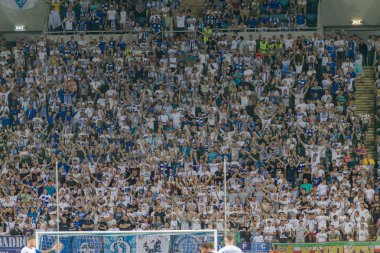 Odessa Ukrayna - 28 Temmuz 2019: stadyumda seyirci. Maç sırasında futbol stadyumu nun tribünlerinde taraftar kalabalığı Shakhtar (Donetsk) -Dinamo (Kiev). Taraftarlarla tribün. Futbol taraftarları ile standları