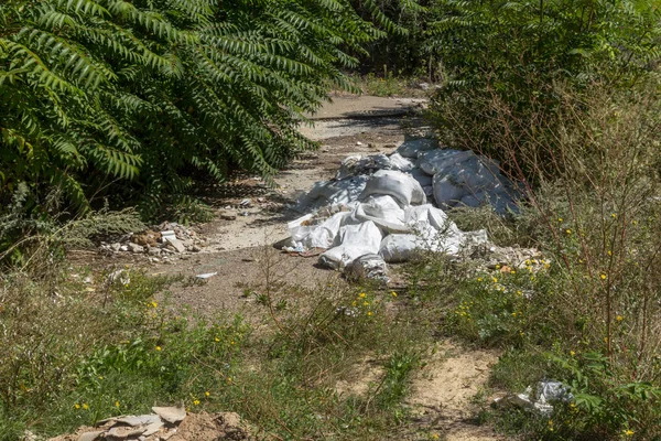 Πλαστικές Σακούλες Μπουκάλια Και Άλλα Οικιακά Σκουπίδια Πέταξαν Κατά Μήκος — Φωτογραφία Αρχείου