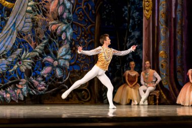 Odessa, Ukrayna-July22, 2019: bale. Odessa Opera Tiyatrosu sahnede klasik bale. Sahne dansı 'nda bale dansçıları Swan Lake 'in klasik eserleri. Tiyatro sahnesinde sanatsal top dansı formu