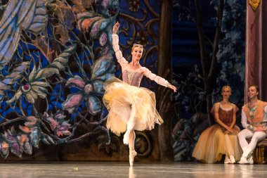 Odessa, Ukrayna-July22, 2019: bale. Odessa Opera Tiyatrosu sahnede klasik bale. Sahne dansı 'nda bale dansçıları Swan Lake 'in klasik eserleri. Tiyatro sahnesinde sanatsal top dansı formu