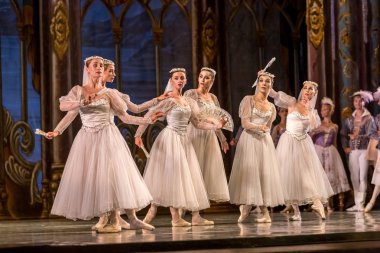 Odessa, Ukrayna-July22, 2019: bale. Odessa Opera Tiyatrosu sahnede klasik bale. Sahne dansı 'nda bale dansçıları Swan Lake 'in klasik eserleri. Tiyatro sahnesinde sanatsal top dansı formu