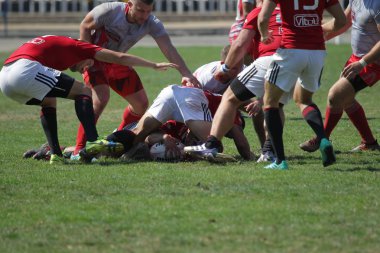 Odessa, Ukrayna - 7 Eylül 2019: Odessa Rugby Şampiyonası Milli Takımı - Kremenchug. Top için rugby oyuncularının yoğun mücadelesi. Stadyumun yeşil sahada dinamik oyun. Şiddetli Rugby Fight