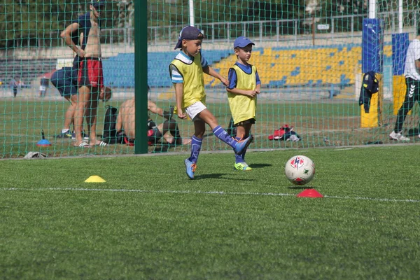 Odessa, Ukrayna - 7 Eylül 2019: Antrenmanda küçük çocuklar futbol oynuyor. Genç çocuklar oyun alanında futbol uyguluyorlar. Çocuklar yeşil futsal sahada futbol oynuyor