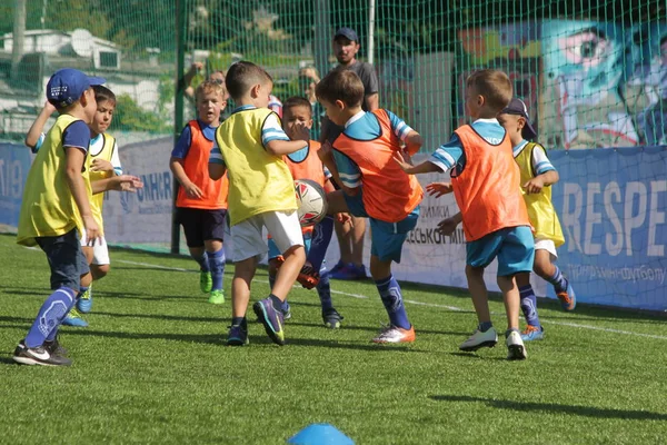 Odessa, Ukrayna - 7 Eylül 2019: Antrenmanda küçük çocuklar futbol oynuyor. Genç çocuklar oyun alanında futbol uyguluyorlar. Çocuklar yeşil futsal sahada futbol oynuyor