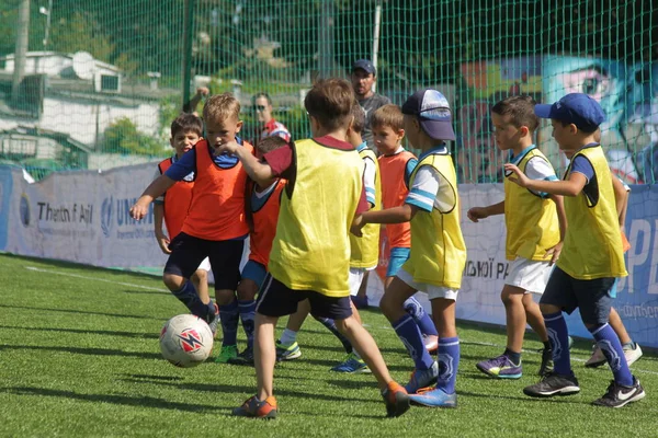 Odessa, Ukrayna - 7 Eylül 2019: Antrenmanda küçük çocuklar futbol oynuyor. Genç çocuklar oyun alanında futbol uyguluyorlar. Çocuklar yeşil futsal sahada futbol oynuyor