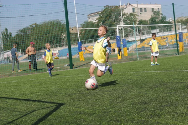 Odessa, Ukrayna - 7 Eylül 2019: Antrenmanda küçük çocuklar futbol oynuyor. Genç çocuklar oyun alanında futbol uyguluyorlar. Çocuklar yeşil futsal sahada futbol oynuyor