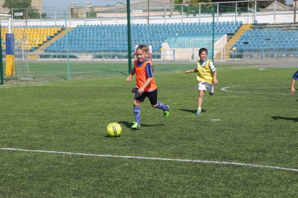 Odessa, Ukrayna - 7 Eylül 2019: Antrenmanda küçük çocuklar futbol oynuyor. Genç çocuklar oyun alanında futbol uyguluyorlar. Çocuklar yeşil futsal sahada futbol oynuyor