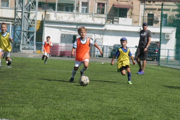 Odessa, Ukrayna - 7 Eylül 2019: Antrenmanda küçük çocuklar futbol oynuyor. Genç çocuklar oyun alanında futbol uyguluyorlar. Çocuklar yeşil futsal sahada futbol oynuyor