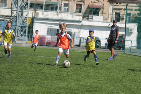 Odessa, Ukrayna - 7 Eylül 2019: Antrenmanda küçük çocuklar futbol oynuyor. Genç çocuklar oyun alanında futbol uyguluyorlar. Çocuklar yeşil futsal sahada futbol oynuyor