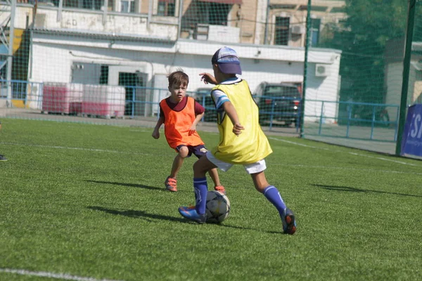 Odessa, Ukrayna - 7 Eylül 2019: Antrenmanda küçük çocuklar futbol oynuyor. Genç çocuklar oyun alanında futbol uyguluyorlar. Çocuklar yeşil futsal sahada futbol oynuyor