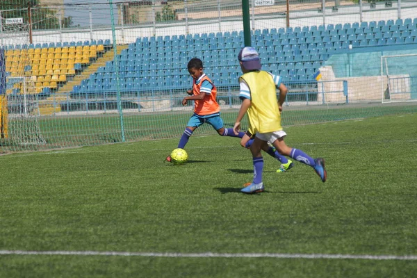 Odessa, Ukrayna - 7 Eylül 2019: Antrenmanda küçük çocuklar futbol oynuyor. Genç çocuklar oyun alanında futbol uyguluyorlar. Çocuklar yeşil futsal sahada futbol oynuyor