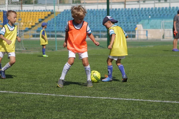 Odessa, Ukrayna - 7 Eylül 2019: Antrenmanda küçük çocuklar futbol oynuyor. Genç çocuklar oyun alanında futbol uyguluyorlar. Çocuklar yeşil futsal sahada futbol oynuyor
