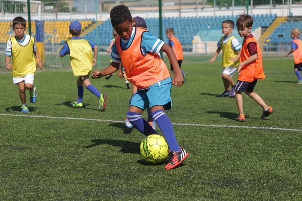 Odessa, Ukrayna - 7 Eylül 2019: Antrenmanda küçük çocuklar futbol oynuyor. Genç çocuklar oyun alanında futbol uyguluyorlar. Çocuklar yeşil futsal sahada futbol oynuyor