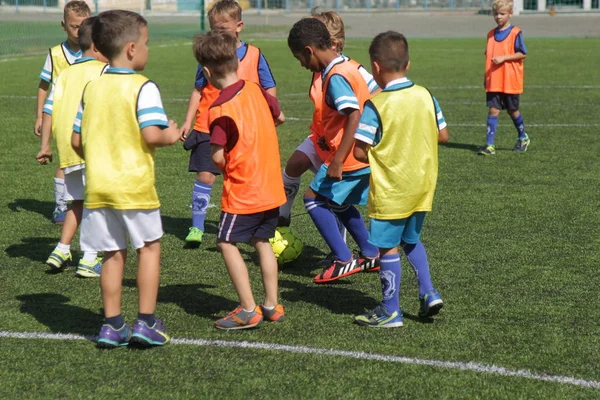 Odessa, Ukrayna - 7 Eylül 2019: Antrenmanda küçük çocuklar futbol oynuyor. Genç çocuklar oyun alanında futbol uyguluyorlar. Çocuklar yeşil futsal sahada futbol oynuyor