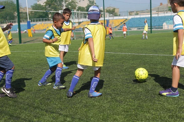 Odessa, Ukrayna - 7 Eylül 2019: Antrenmanda küçük çocuklar futbol oynuyor. Genç çocuklar oyun alanında futbol uyguluyorlar. Çocuklar yeşil futsal sahada futbol oynuyor