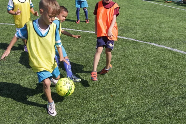 Odessa, Ukrayna - 7 Eylül 2019: Antrenmanda küçük çocuklar futbol oynuyor. Genç çocuklar oyun alanında futbol uyguluyorlar. Çocuklar yeşil futsal sahada futbol oynuyor