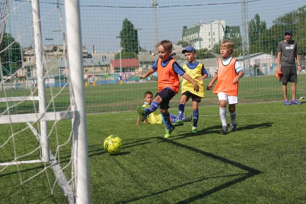 Odessa, Ukrayna - 7 Eylül 2019: Antrenmanda küçük çocuklar futbol oynuyor. Genç çocuklar oyun alanında futbol uyguluyorlar. Çocuklar yeşil futsal sahada futbol oynuyor