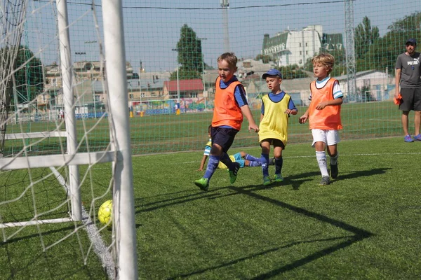 Odessa, Ukrayna - 7 Eylül 2019: Antrenmanda küçük çocuklar futbol oynuyor. Genç çocuklar oyun alanında futbol uyguluyorlar. Çocuklar yeşil futsal sahada futbol oynuyor