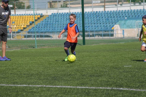 Odessa, Ukrayna - 7 Eylül 2019: Antrenmanda küçük çocuklar futbol oynuyor. Genç çocuklar oyun alanında futbol uyguluyorlar. Çocuklar yeşil futsal sahada futbol oynuyor