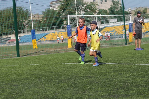 Odessa, Ukrayna - 7 Eylül 2019: Antrenmanda küçük çocuklar futbol oynuyor. Genç çocuklar oyun alanında futbol uyguluyorlar. Çocuklar yeşil futsal sahada futbol oynuyor