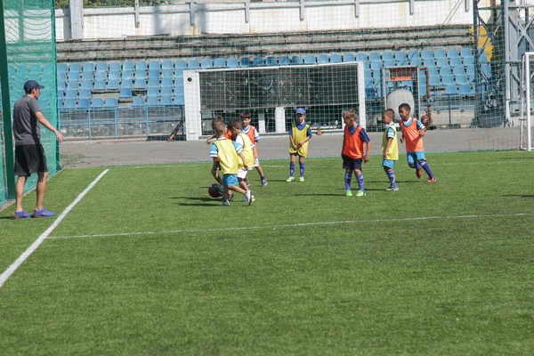 Odessa, Ukrayna - 7 Eylül 2019: Antrenmanda küçük çocuklar futbol oynuyor. Genç çocuklar oyun alanında futbol uyguluyorlar. Çocuklar yeşil futsal sahada futbol oynuyor