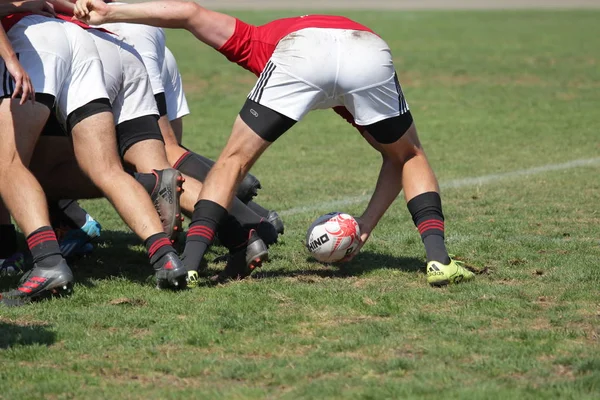 Odessa, Ukrayna - 7 Eylül 2019: Odessa Rugby Şampiyonası Milli Takımı - Kremenchug. Top için rugby oyuncularının yoğun mücadelesi. Stadyumun yeşil sahada dinamik oyun. Şiddetli Rugby Fight