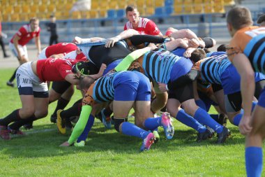 Odessa, Ukrayna - 29 Eylül 2019: Odessa ragbi takımı - Kiev Politeknik. Rugby oyuncularının top için yoğun mücadelesi. Stadyumun yeşil sahasında dinamik bir oyun. Vahşi Rugby Dövüşü