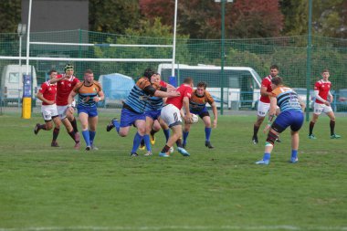 Odessa, Ukrayna - 29 Eylül 2019: Odessa ragbi takımı - Kiev Politeknik. Rugby oyuncularının top için yoğun mücadelesi. Stadyumun yeşil sahasında dinamik bir oyun. Vahşi Rugby Dövüşü