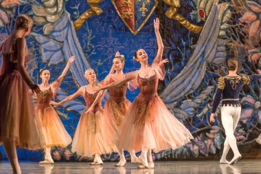 Odessa, Ukrayna-July22, 2019: bale. Odessa Opera Tiyatrosu sahnede klasik bale. Sahne dansı 'nda bale dansçıları Swan Lake 'in klasik eserleri. Tiyatro sahnesinde sanatsal top dansı formu