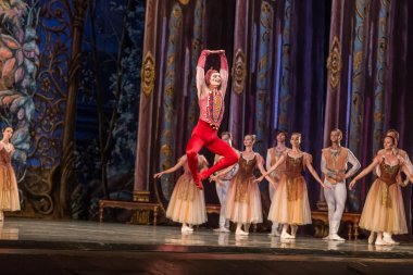 Odessa, Ukrayna-July22, 2019: bale. Odessa Opera Tiyatrosu sahnede klasik bale. Sahne dansı 'nda bale dansçıları Swan Lake 'in klasik eserleri. Tiyatro sahnesinde sanatsal top dansı formu