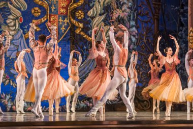 Odessa, Ukrayna-July22, 2019: bale. Odessa Opera Tiyatrosu sahnede klasik bale. Sahne dansı 'nda bale dansçıları Swan Lake 'in klasik eserleri. Tiyatro sahnesinde sanatsal top dansı formu